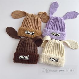 Children long rabbit ear knitted hat boys girls letter applique plush edge Beanie autumn winter kids warm protection cap Z5006