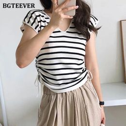 Women's T Shirts BGTEEVER Summer V-neck Female Pullovers Tops Short Sleeve Slim Knitted Striped T-shirts Women Fashion Ruched Ladies Tees