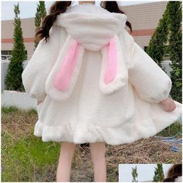 Womens Hoodies Sweatshirts Ears Women Zip-Up Coat Long Lantern Sleeve Hooded Lolita Cute Sweet Girls Harajuku Warm Baggy Outfitswomens Dhkap