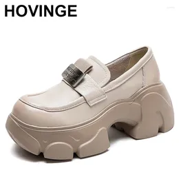 Dress Shoes Fashion Women Platform Spring Metal Slip On Loafers Genuine Leather Thick High Heel Height Increasing