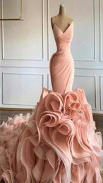 2022 Blush Pink Mermaid Wedding Dresses Elegant Sweetheart V Neck Tiered Skirt Ruffles Princess Trumpet Vestidos De Novia Wedding 3370358