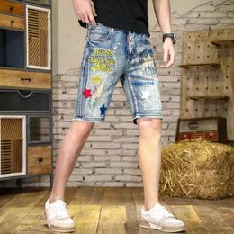 Men's Shorts Retro Blue Denim Shorts for Mens 2024 Summer Scratched Embroidery Design Cool Smart Street Motorcycle Shorts J240407