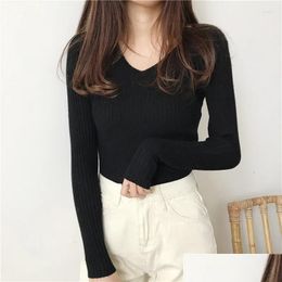 Womens Sweaters Fashion Basic V-Neck Solid Long Sleeve Tops Knitting Sweater Plovers Woman Top Knitted Clothes Female Casual Drop Deli Otfp0