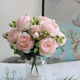 Decorative Flowers Decorations Rose Pink Silk Peony Artificial Bouquet 5 Big Head Fake For Home Wedding Decoration Indoor