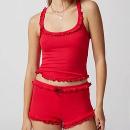 Home Clothing Gaono Women's Summer Loungewear Set Lettuce Trim Sleeveless U-Neck Crop Tank Tops With Ruffle Shorts 2 Pieces Sleepwear