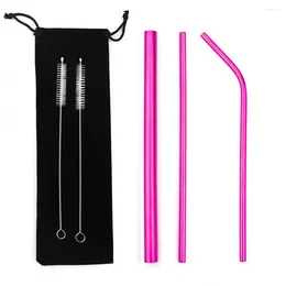 Drinking Straws 6PCS Reusable Metal Straw Eco Friendly 304 Stainless Steel Cleaning Brush Pink Bubble Tea Bag Pouch Set