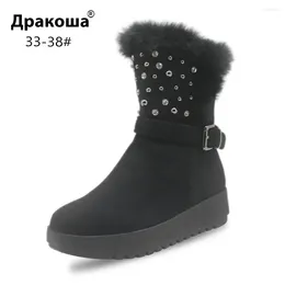 Boots Apakowa Girls Winter Suede Black Snow Kids Mid-Calf Cosy Casual Thermal Warm Fur Lined Breathable Slouch Walking