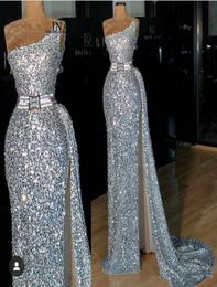 African Silver Mermaid Prom Dresses Sequined One Shoulder Backless High Side Split Party Dress Special Occasion Dress Evening Gown9258389