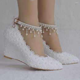 Dress Shoes 2024 Spring Pointed Toe Wedge High Heel Lace Tassel Pearl Banquet Women's Plus Size Bridesmaid Wedding