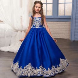 Dresses New Lovely Royal Blue Girls Pageant Dresses Princess Square Neck Satin Lace Appliques Beaded With Bow Kids Flower Girls Dress Birt