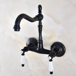 Bathroom Sink Faucets Black Oil Rubbed Bronze Wall Mounted Swivel Spout Faucet Double Handle Mixer Tap Lnf837