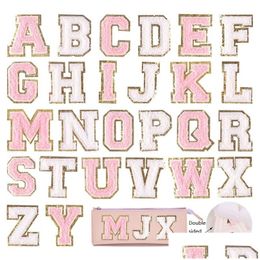 Sewing Notions & Tools 5.5Cm White Pink Chenille Letter Iron On Towel Embroidered Alphabet Glitter Sequins Self Adhesive Es Appliques Dhqxw