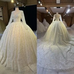 Elegant Ball Gown Wedding Dresses V Neck Applique Lace Bridal Gowns Custom Made Long Sleeves Button Back Sweep Train Vestidos De Novia