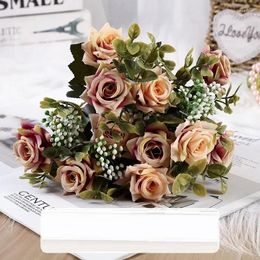 Decorative Flowers Cafe Artificial Silk White Roses Bouquet Restaurant Decoration Simulation Rolled Edge Rose Fake Flower Plant