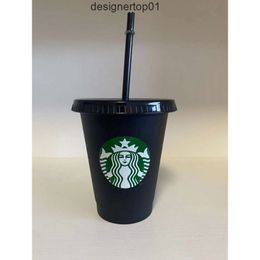 Stanleliness Starbucks 16oz/473ml Plastic Mugs Tumbler Reusable Black Drinking Flat Bottom Pillar Shape Lid Straw Cup 4OFG