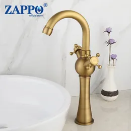 Bathroom Sink Faucets ZAPPO Antique Brass Basin Mixer Faucet 2 Handles Deck Mounted Wash & Cold Water Tap