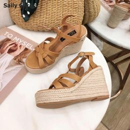 Slippers Round Toe Narrow Band Platform Wedges Sandals Hollow Open Breathable Buckle Strap Espadrilles Mix Coloured Shallow