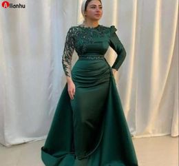 2022 Hunter Green Muslim Evening Dresses with Detachabel Train Real Picture Long Sleeve Aso Ebi African Beaded Stain Kaftan Prom G8753597