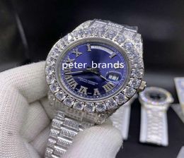 43MM Men039s full Iced Diamond Wristwatch prong set Watch Silver Stainless Steel Case blue face Diamond Strap Automatic men Wat5382517