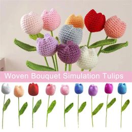 Decorative Flowers Finished Hand-woven Bouquet Simulation Tulip Woven Wedding Party Living Room Decoration Mother Day Gift