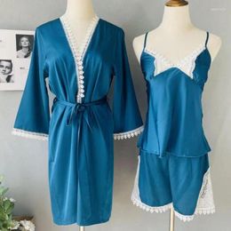 Home Clothing Spring Summer Lace Sleep Set 3PCS Pyjamas Suit Intimate Lingerie Women Casual Satin Nightwear Pyjamas