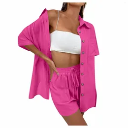 Women's Two Piece Pants Summer Two-Piece Set Solid Causal Short-Sleeved Button-Down Shirt Tops Casual Elastic Tie Front Pocket Shorts