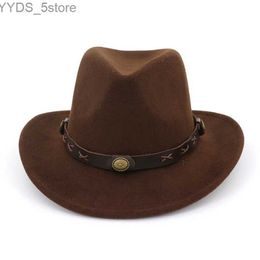 Wide Brim Hats Bucket Western cowboy Fedora hat leather band men Panamanian women felt wide Trilby gentleman jazz womens party Chapeu yq240407