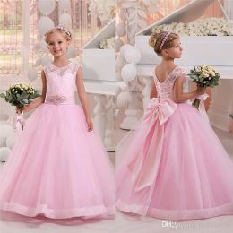 Dresses Adorable Pink Flower Girls Dresses For Weddings Jewel Neckline Girls Birthday Pageant Dresses With Bow Communion Gowns