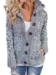 Women's Knits Cable Knit Button Down Hooded Cardigan Casual Long Sleeve Sweater Coat With Pocket Clothing