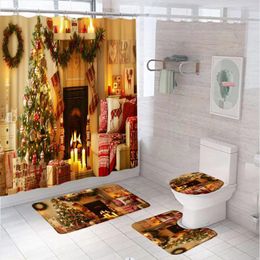 Shower Curtains Chrismtas Tree Fireplace Curtain Set Xmas Socks Bathroom Decor Winter Year Bath Mat Non Slip Rug Carpet Toilet Cover