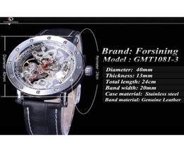 Forsining Watch Bracelet Set Combination Silver Skeleton Red Hand Black Genuine Leather Automatic Watches Men Transparent Clock7253895