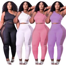 Sexy Women Sportswear Plain Tracksuits Tank Tops Mesh Leggings Slim Jogger Suit Party Outfits Summer Spring Autumn Clothing Two Pc6881046