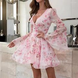 Party Dresses Bodycon Dress Women Bell Sleeve V-neck Floral Print Mini Night High Waist Dance Wedding Prom Y2k Spring Summer Vestidos