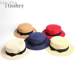 Wide Brim Hats Bucket Hats 2019 Parent-child wholesale sun flat straw hat boater hat girls bow summer Hats For Women kid and Beach flat panama straw hat 240407