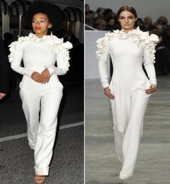 2019 New Arrival Celebrity Dresses White Leg Jumpsuit Long Sleeves High Neck with Flowers Formal Party Evening Dresses Custom Made4688427