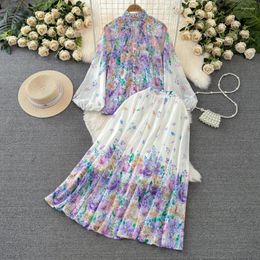 Work Dresses Elegant Women Purple Skirt Sets Floral Print Ruched O-neck Long Sleeve One Breasted Loose T-shirt High Waist A-Line 2Pcs