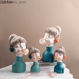 Arts and Crafts Resin Fiure Statue irl Blowin Bubbles Headset Abstract Cartoon irl Modern Home Decoration Childrens Room HandicraftL2447