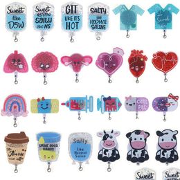 Key Rings 10 Pcs/Lot Mix Styke Medical Series Bling Glitter Acrylic Retractable Badge Reel With Alligator Clip For Healare Worker Dro Dhekx