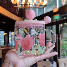 Wine Glasses 1pcs Tulip Printed Glass Cup Creative-Glass Coffee-Tea Mug Drinks Dessert Breakfast Milk Juice Mugs Handle Drinkware