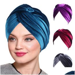 Faux Leather Headband Headbands New Womens Veet Turban Hat Soft Stretch Cross Twist Cap Muslim Head Scarf Female Elegant Solid Colour Chemo H