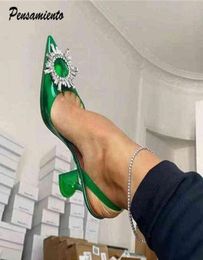 2021 Star style Green Blue Soft PVC Women Sandals Fashion Crystal Heeled Slingbacks Summer Shoes High heels Wedding Bride Shoes H17151326