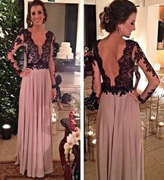 Robe De Soire Arabic Evening Dresses Black Lace Sheer Long Sleeve Celebrity Party Dresses Chiffon Plunging Neckline Backless Prom 1614744