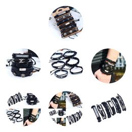 Charm Bracelets Rope Weave Braided Leather Bracelet Vintage Style Diy Combination Set Stam Woven Men Drop Delivery Otzic