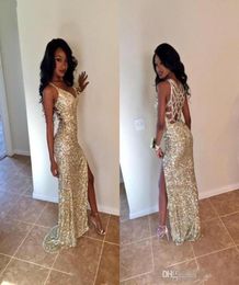 Gold Sequins Long Mermaid Prom Dresses Sexy Thigh High Splits Magnetic Halter Vestidos De Fiesta Hollow Back Evening Gowns Party D8880874