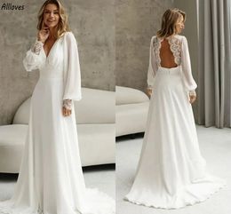 Boho Garden Simple Chiffon A Line Wedding Dresses Sexy V Neck Lace Appliqued Bridal Gowns With Long Sleeves Sweep Train Backless Country Bride Robes de Mariee CL3465