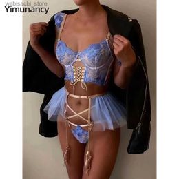 Sexy Set Yimunancy Embroidery Lace Lingerie Set Women Elegant Brief Garter Kit Ruffle Strap Erotic Set L2447