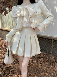 Work Dresses High Quality French Vintage Small Fragrance Two Women Short Jacket Coat Pleated Skirt Suits Brand 2 Piece Set