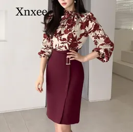 Work Dresses Elegant Spring Women Suits Long Lantern Sleeve Shirt Slim Fit Hip Mini Skirt Two Piece Set Print Floral Office Burgundy