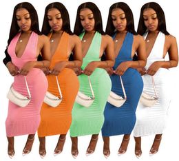 Women Long Dresses Solid Colour Deep V Neck Bodycon Dress Summer Designers Dakeng Strip Sexy Sleeveless Backless Skirt Clubwear Plu4912882