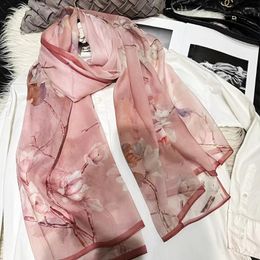 Scarves Spring Luxury Pure Silk Shawl Scarf Fashion Brand Pink Megnolia Long Wraps Summer Chiffon Beach Cape